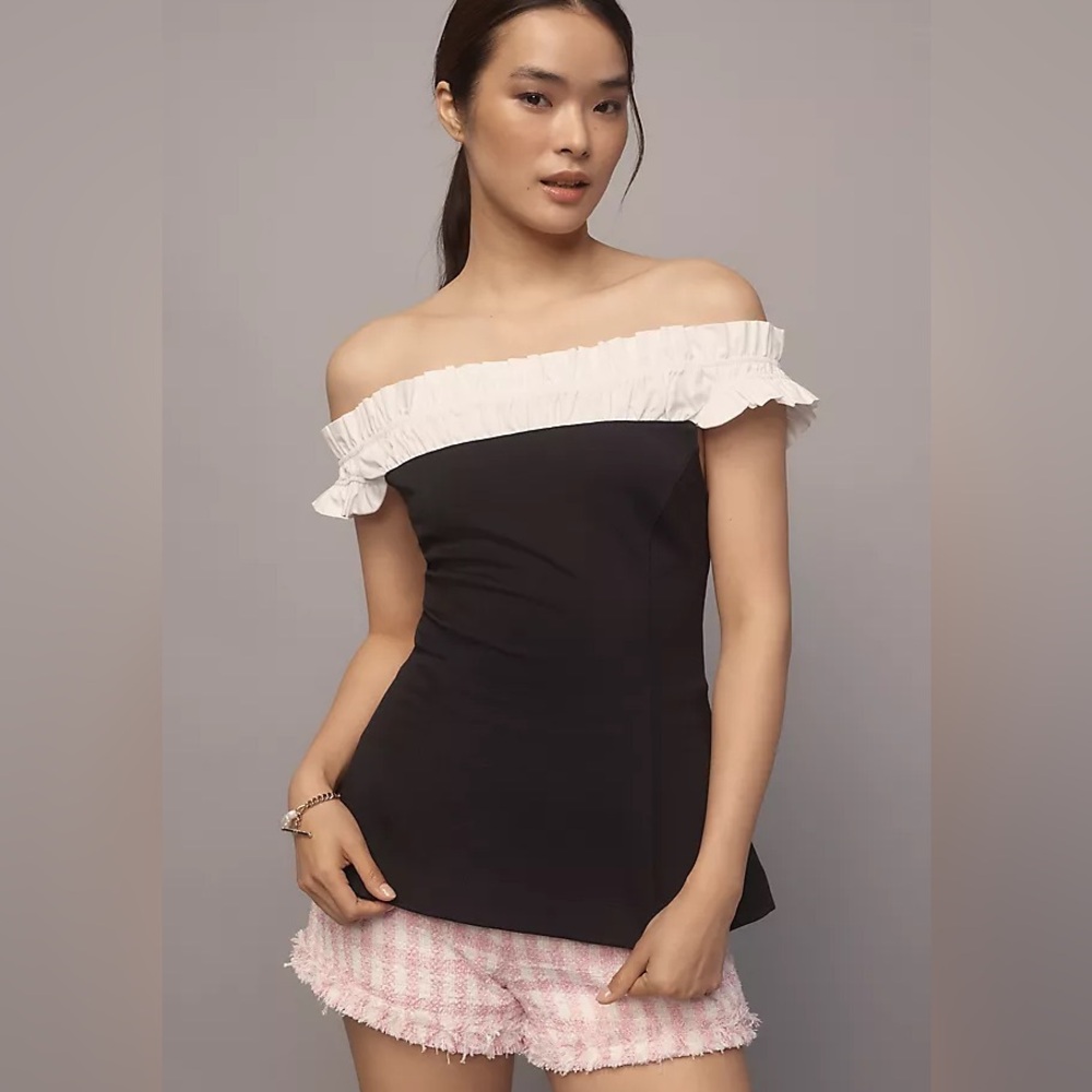 NWT Anthropologie Maeve Off the Shoulder Hourglass Tuxedo Top in black and white